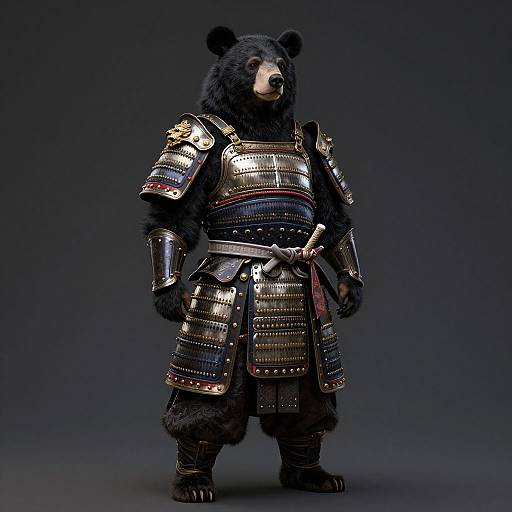 Photograph of a black bear in detailed samurai armor, standing against a dark gradient background, with a serious expression.