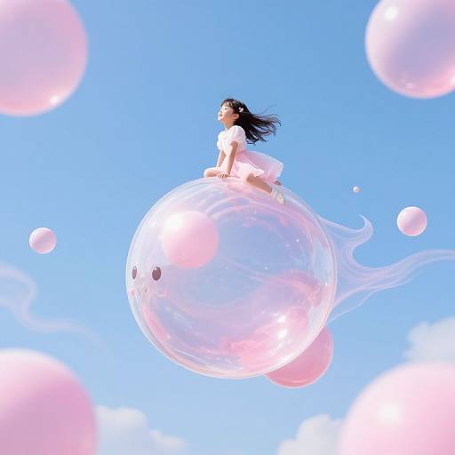 Digital anime-style artwork: A girl with black hair and a white dress rides on a translucent, pink-hued bubble against a bright blue sky with floating
