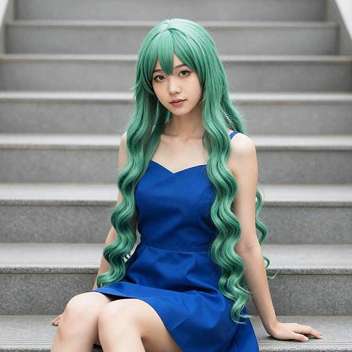 Woman with Teal Long Wavy Wig