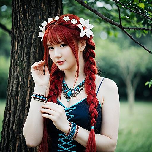 Red-Haired Woman with Floral Hair Accessories Outdoors