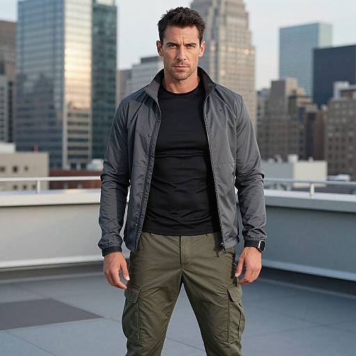 Photograph of a muscular, dark-haired man with light skin, wearing a black shirt, gray jacket, and olive cargo pants, standing on a rooftop