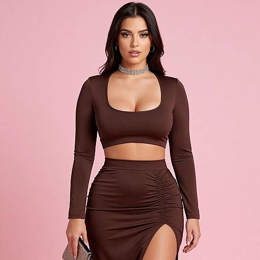 Photograph of a curvy woman with long black hair, wearing a black crop top and high-waisted skirt with a side slit, and a