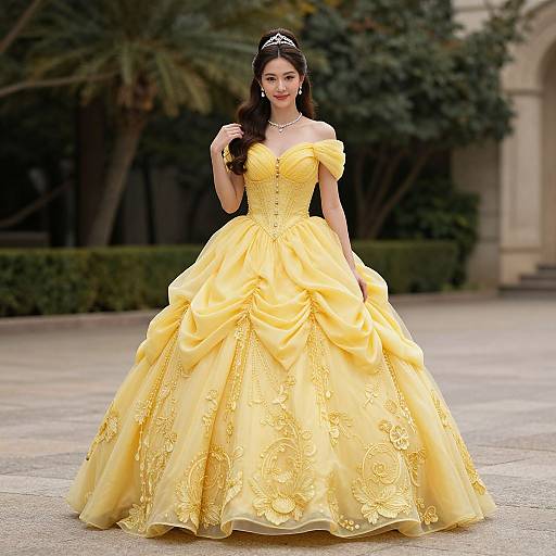 Photograph of a beautiful woman in an off-shoulder, yellow, intricately embroidered ball gown with a tiara, standing outdoors on a stone
