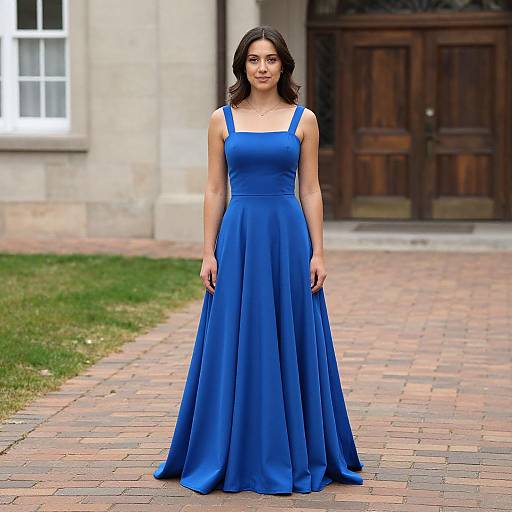 Photograph of a young woman with dark wavy hair in a vivid blue, sleeveless, floor-length gown, standing on a brick path in front