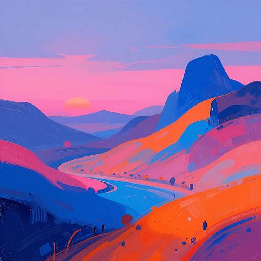 Vibrant digital painting of a surreal landscape with vivid orange and blue hills, a winding river, and a blue mountain under a pink and blue sky