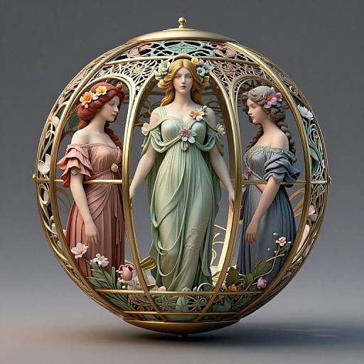 Photograph-style CGI of three fairies in ornate, colorful dresses inside a golden, floral-encrusted sphere, with soft blue-gray background