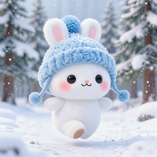 Cute digital illustration of a white, blushing snowman with blue pom-pom hat, black eyes, and smiling mouth, running in a snowy