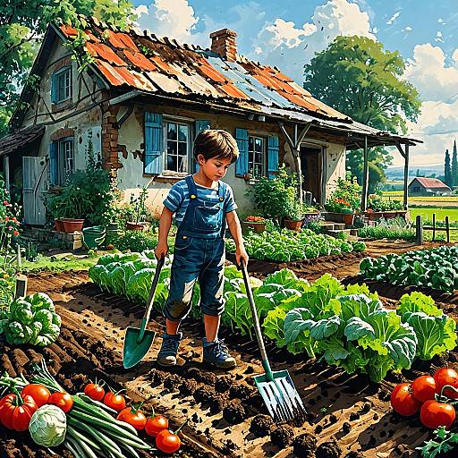 Boy Gardening by Rural House