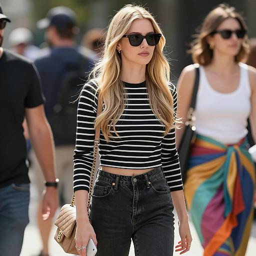 Blonde Woman in Striped Crop Top Wearing Sunglasses