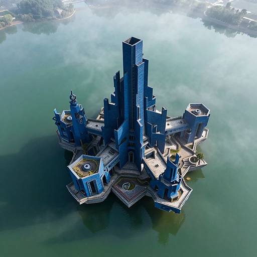 Aerial photograph of a futuristic, blue-tinted, castle-like island structure with tall spires, surrounded by misty, green water.