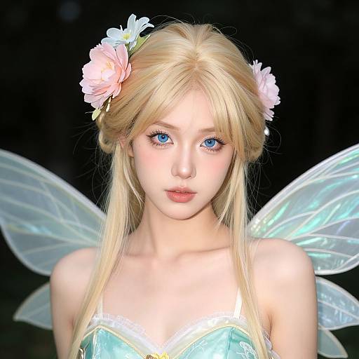 Digital CGI portrait of a fair-skinned, blonde fairy with blue eyes, wearing pastel pink flowers in her hair and translucent wings, against a black