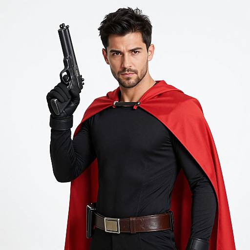 Photograph of a muscular, dark-haired man with a black shirt, red cape, black gloves, and brown belt, holding a black handgun. White