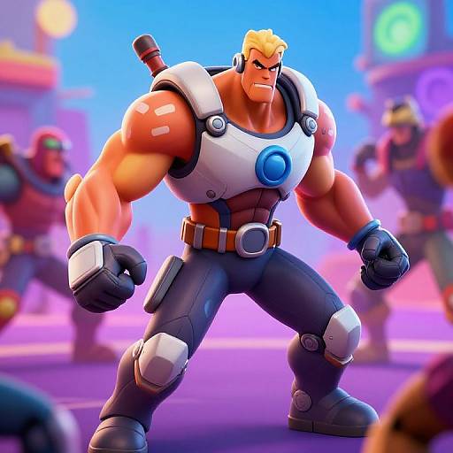 CGI image of a muscular, blonde, blue-eyed man in white armor with a blue gem, black pants, and gloves, standing confidently in a