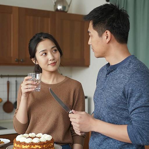 Couple Preparing to Cut Cake in Kitchen