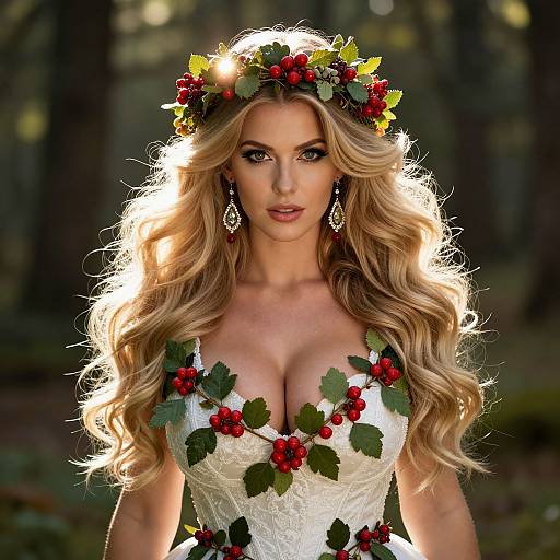 Photograph of a blonde woman with long, wavy hair, wearing a white lace dress adorned with red berries and leaves, a floral crown, and