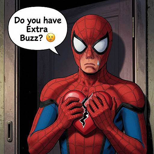 Digital comic-style image of Spider-Man with a worried expression, holding a cracked heart, saying 