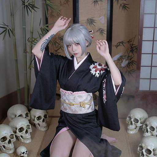 Silver-haired woman in kimono with skulls