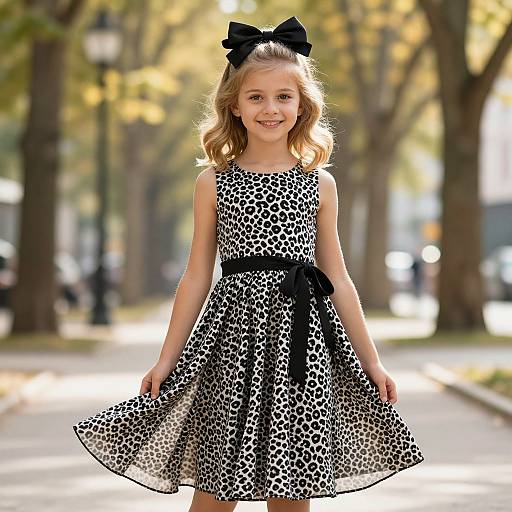 Photograph of a smiling young girl with light brown hair, wearing a black and white leopard print dress and black bow headband, standing on a sun