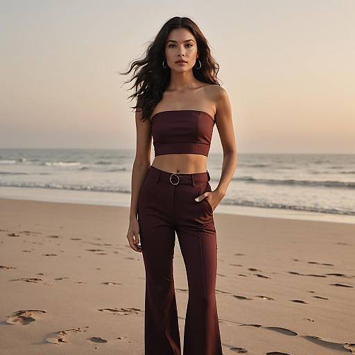 Confident woman in burgundy tube top and trousers on beach