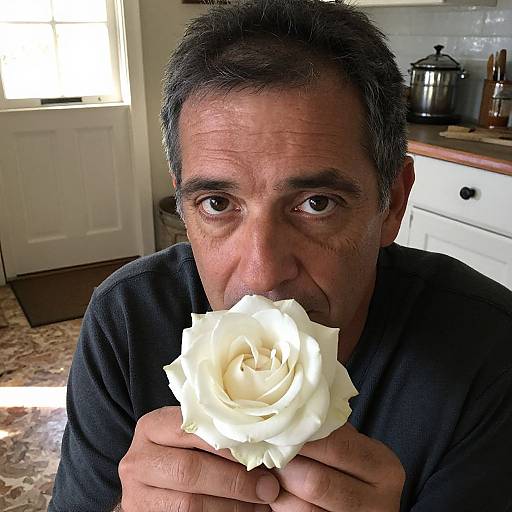 Weathered Man with White Rose