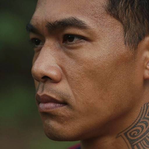 Close-up photograph of a serious-looking Asian man with short hair, dark tattoo on his neck, and slightly wrinkled skin, against a blurred green background