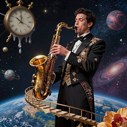 Photograph-like digital art of a dark-haired man in a ornate black tuxedo playing a golden saxophone on a space-themed planet, with
