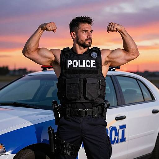 Photograph of a muscular male police officer with spiked hair flexing his arms, wearing a black vest with 