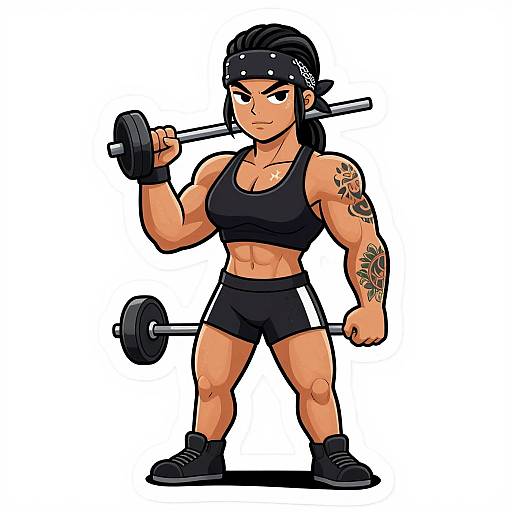 Cartoon-style drawing of a muscular, tattooed woman with black hair in a headband, wearing a sports bra and shorts, lifting a barbell