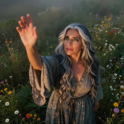 Photorealistic digital artwork of a white woman with long, wavy silver hair, wearing a gray, floral-patterned robe, waving in a mist