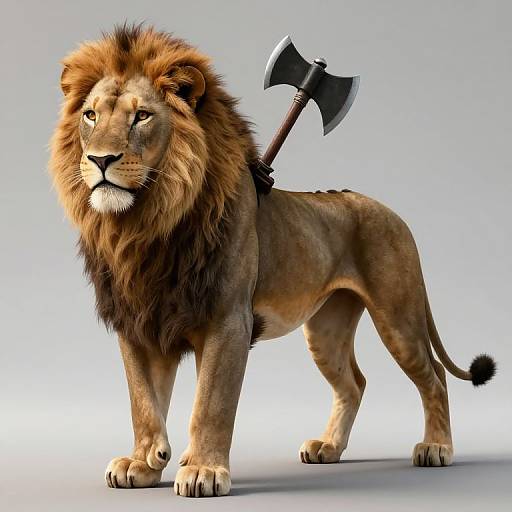 CGI image of a muscular male lion with a brown mane, standing proudly, carrying a double-headed axe strapped to its back.