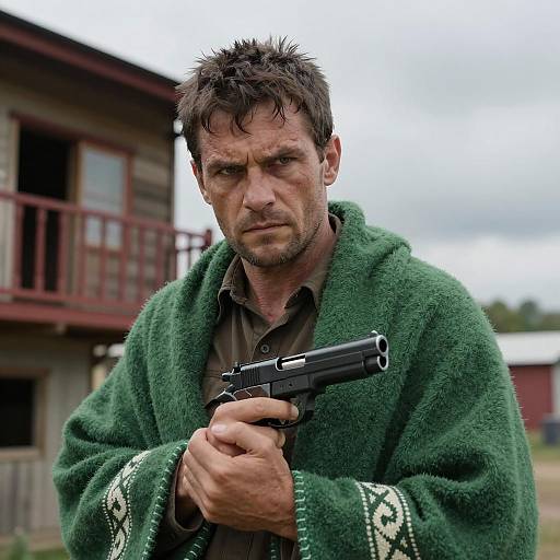 Rugged Man with Gun in Intense Setting