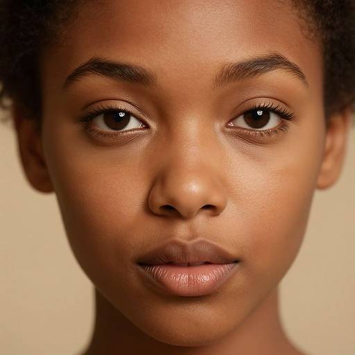 Close-up photograph of a young Black woman with smooth brown skin, dark brown eyes, full lips, and natural curly hair against a plain beige background.