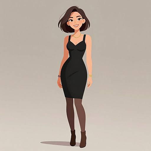 Digital illustration of a smiling woman with short black hair, wearing a black sleeveless dress, black tights, and black ankle boots, against a gradient