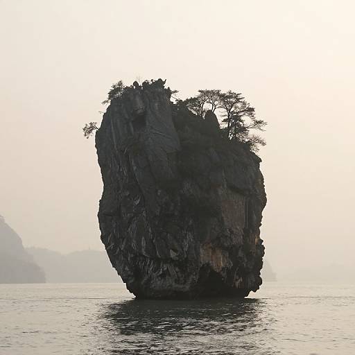 Jagged Rock Formation with Trees in Mist