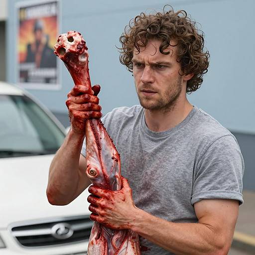 Intense Man Holding Severed Animal Leg