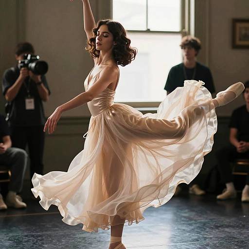 Photograph of a graceful ballerina with curly brown hair, wearing a flowing, pale pink chiffon dress, performing an elegant arabesque in