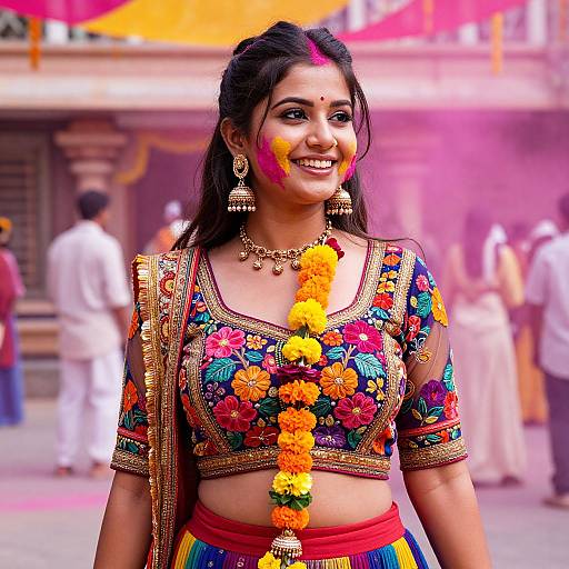 Photograph of a smiling Indian woman with dark hair, colorful floral embroidery blouse, marigold garland, traditional jewelry, and vibrant saree,