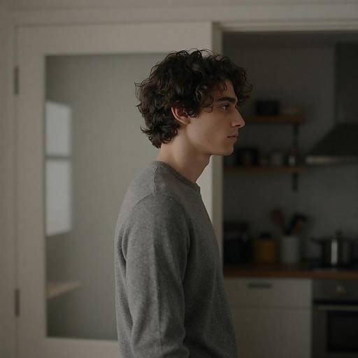 Serious Young Man in Dim Kitchen