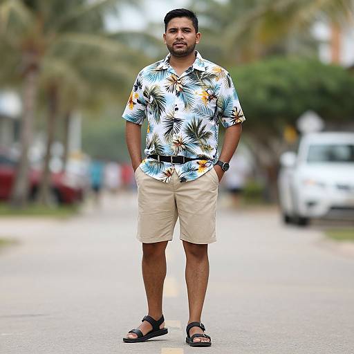 Photograph of a medium-built man with dark hair, wearing a tropical print shirt, beige shorts, black sandals, standing on a sunny street with blurred