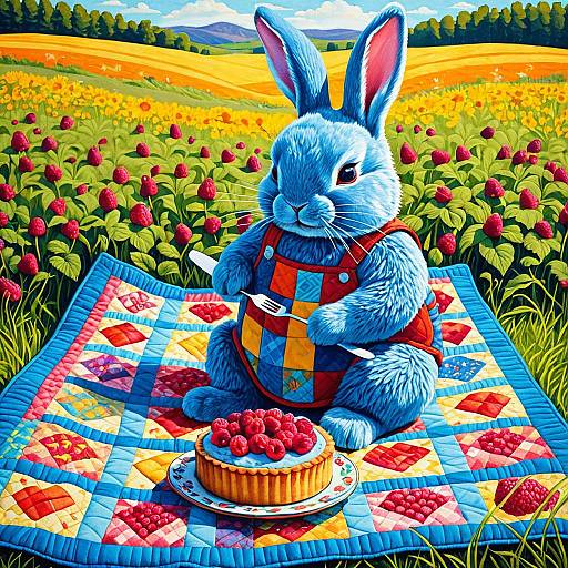 Whimsical Blue Rabbit with Raspberry Tart in Meadow
