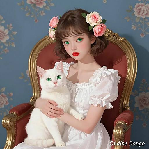 Elegant Woman with Cat in Floral Design