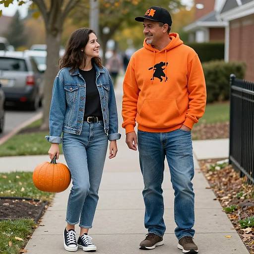 Photograph of a smiling couple walking on a suburban sidewalk, man in orange hoodie and black cap, woman in denim jacket and jeans, holding a pumpkin