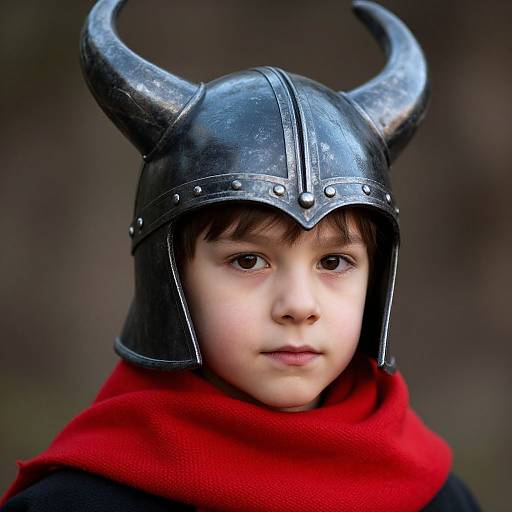 Photograph of a young boy with fair skin, wearing a black medieval-style helmet with horns and a bright red scarf.