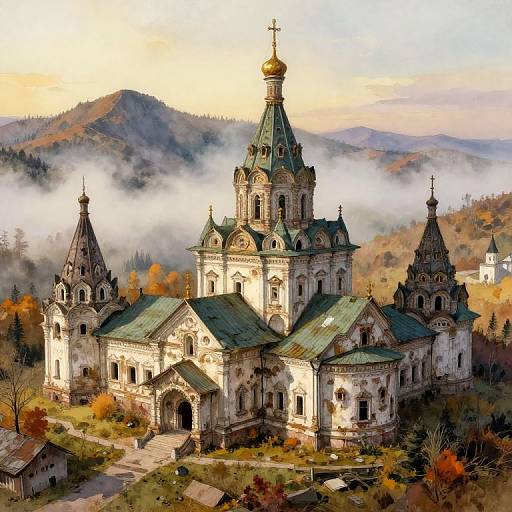 Russian Orthodox Monastery in Autumn Mountains