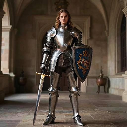 Photorealistic CGI of a serious, armored female knight with long brown hair, holding a sword and shield, standing in a medieval stone hallway.