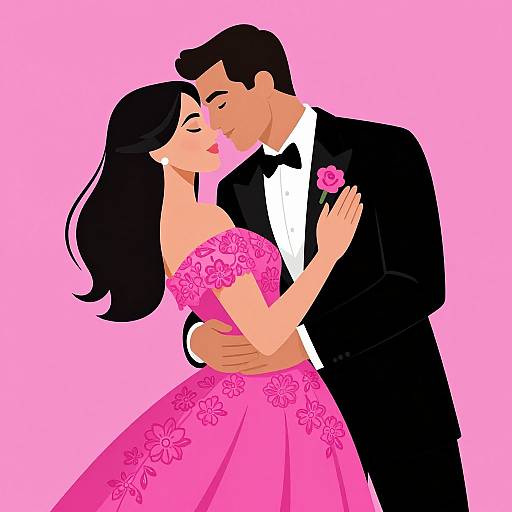 Digital illustration of a couple kissing; woman in pink floral dress, man in black tuxedo, pink rose, pink background.