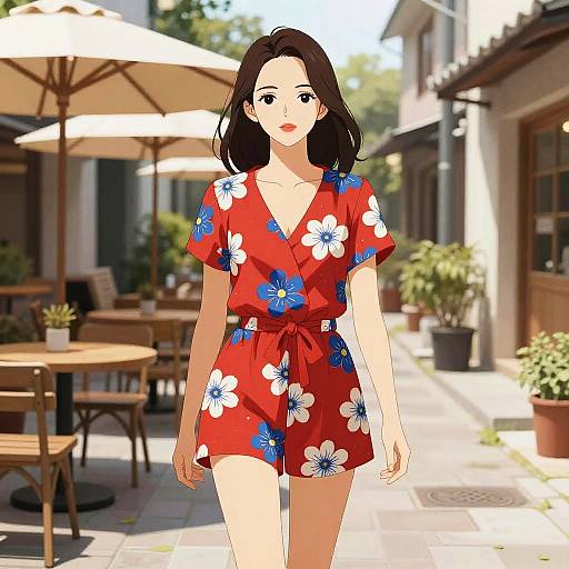 Digital illustration of a young woman with fair skin and dark brown hair, wearing a red floral dress with blue and white flowers, walking down a sunny,