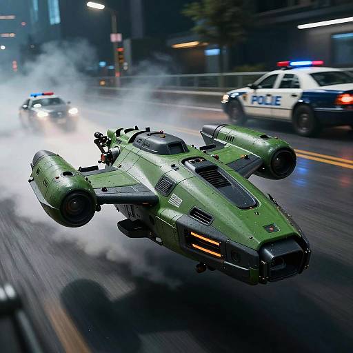 Photograph of a green, futuristic hovercraft emitting smoke, speeding on a wet city street at night, flanked by police cars with flashing lights.