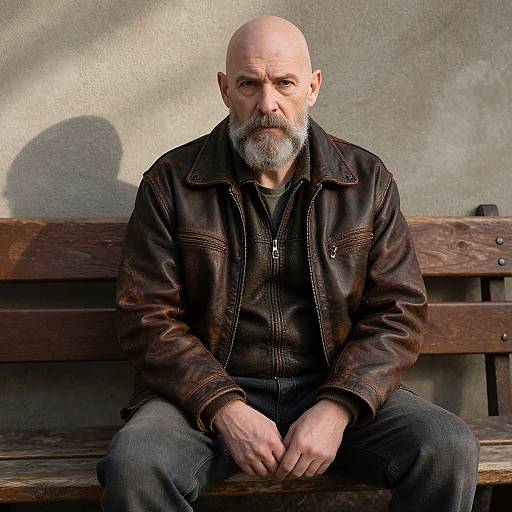 Photograph of a bald, middle-aged man with a gray beard, wearing a brown leather jacket and jeans, sitting on a wooden bench against a textured