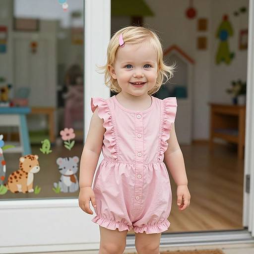 Photograph of a smiling blonde toddler girl with a pink frilled dress and pink hair clip, standing in a brightly lit, decorated children's room.